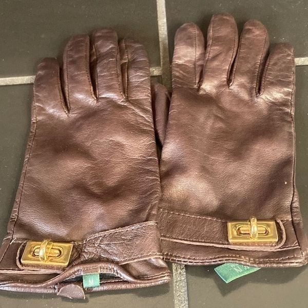 Lauren Ralph Lauren brown leather gloves with gold , size medium, GUC mmGNiQv7R