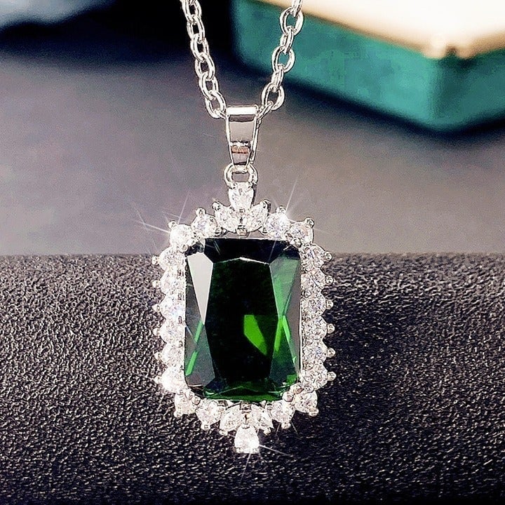 Rectangle Style Silver Plated Green Color CZ Necklace for Women, HA4478 OQAqBduRp
