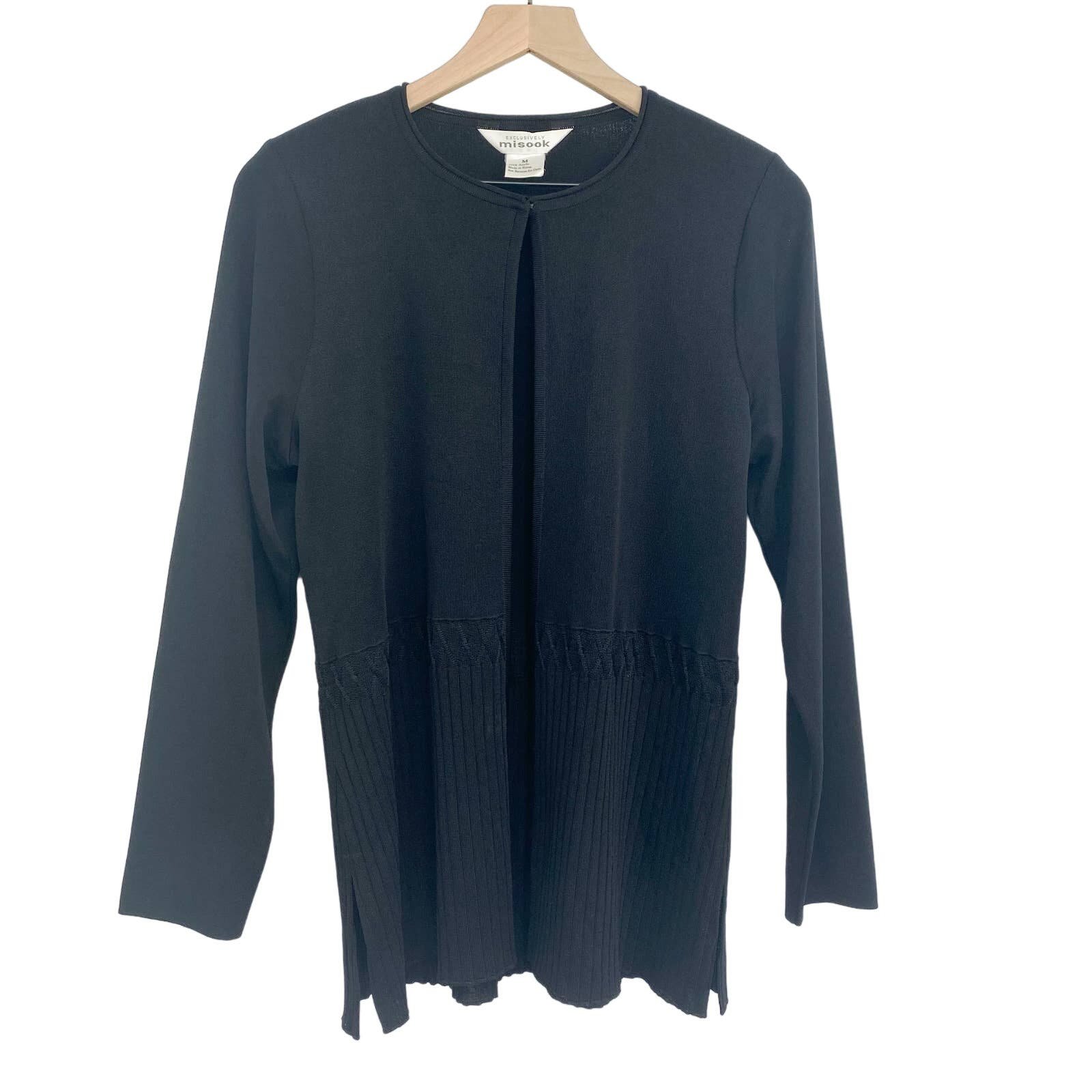 Misook Cardigan Pleated Ponte Knit Black Cardi Sweater Top Closure Womens Medium hSWA1fJBM