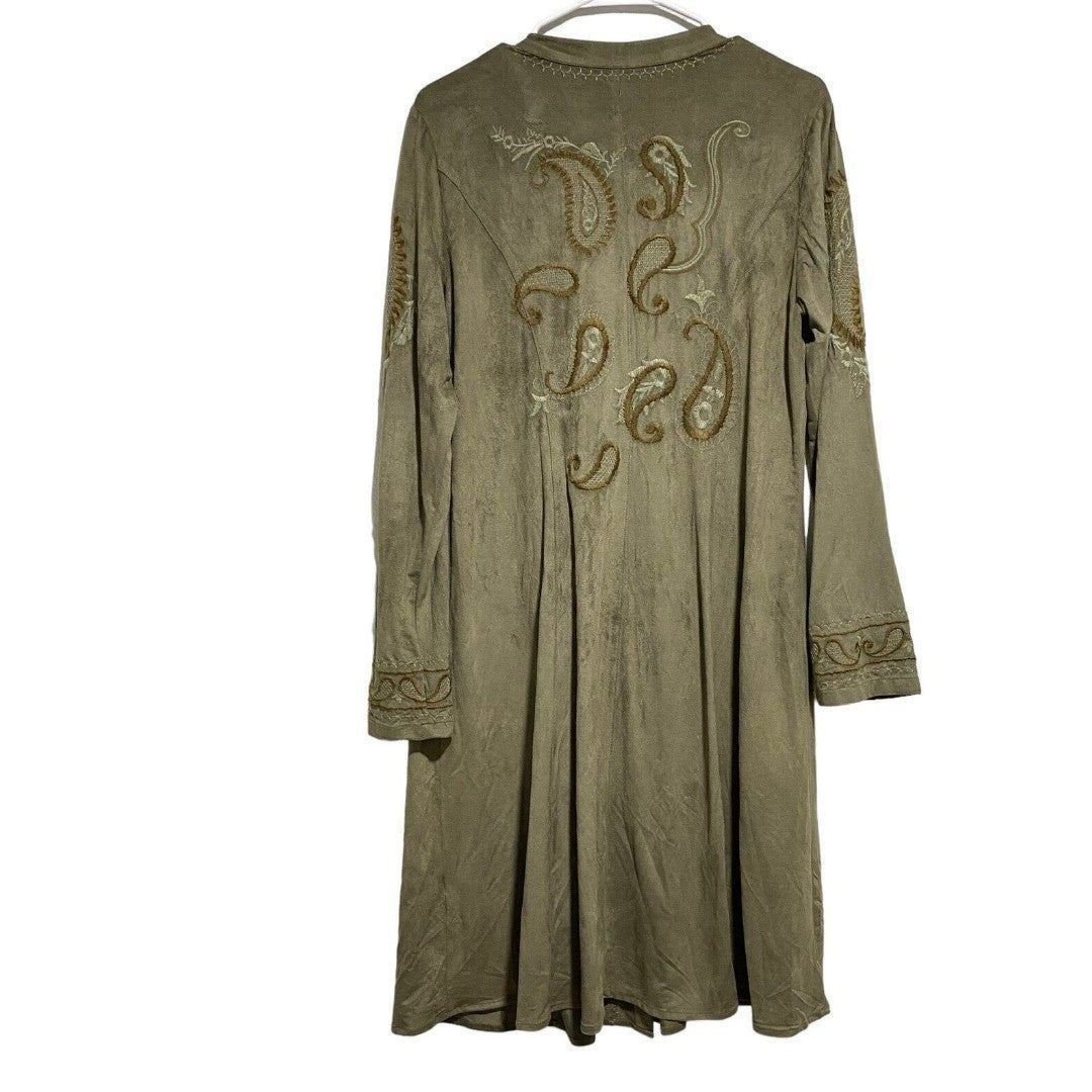 Monoreno Faux Suede Embroidered Duster Jacket Green Paisley Medium RGUmceYdo