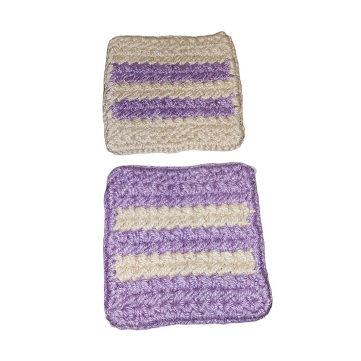 Purple and White Hand Made Crochet Knitted Yarn Potholders (2) gVRyyvjwW
