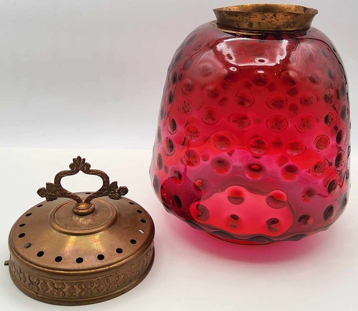 Antique Cranberry Red Hobnail Thumbprint Glass Hanging Lamp Shade FOR PARTS hHauR9IWl