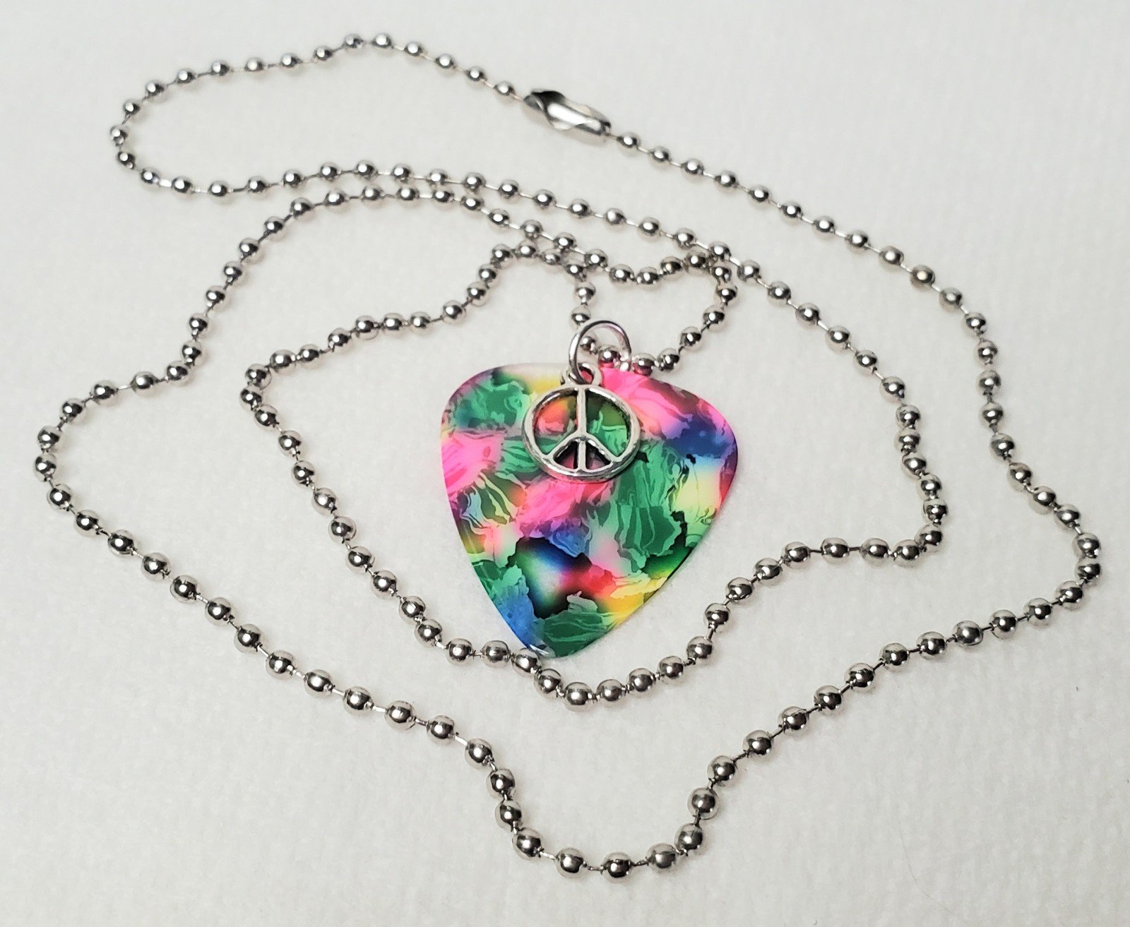 Tie Dye Rainbow Psychedelic Peace Sign Guitar Pick Pendant Necklace 24