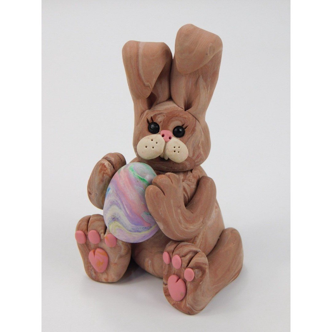 Handmade Easter Brown Bunny Rabbit With Egg & Long Ears Polymer Clay Figure rwdksyqGA