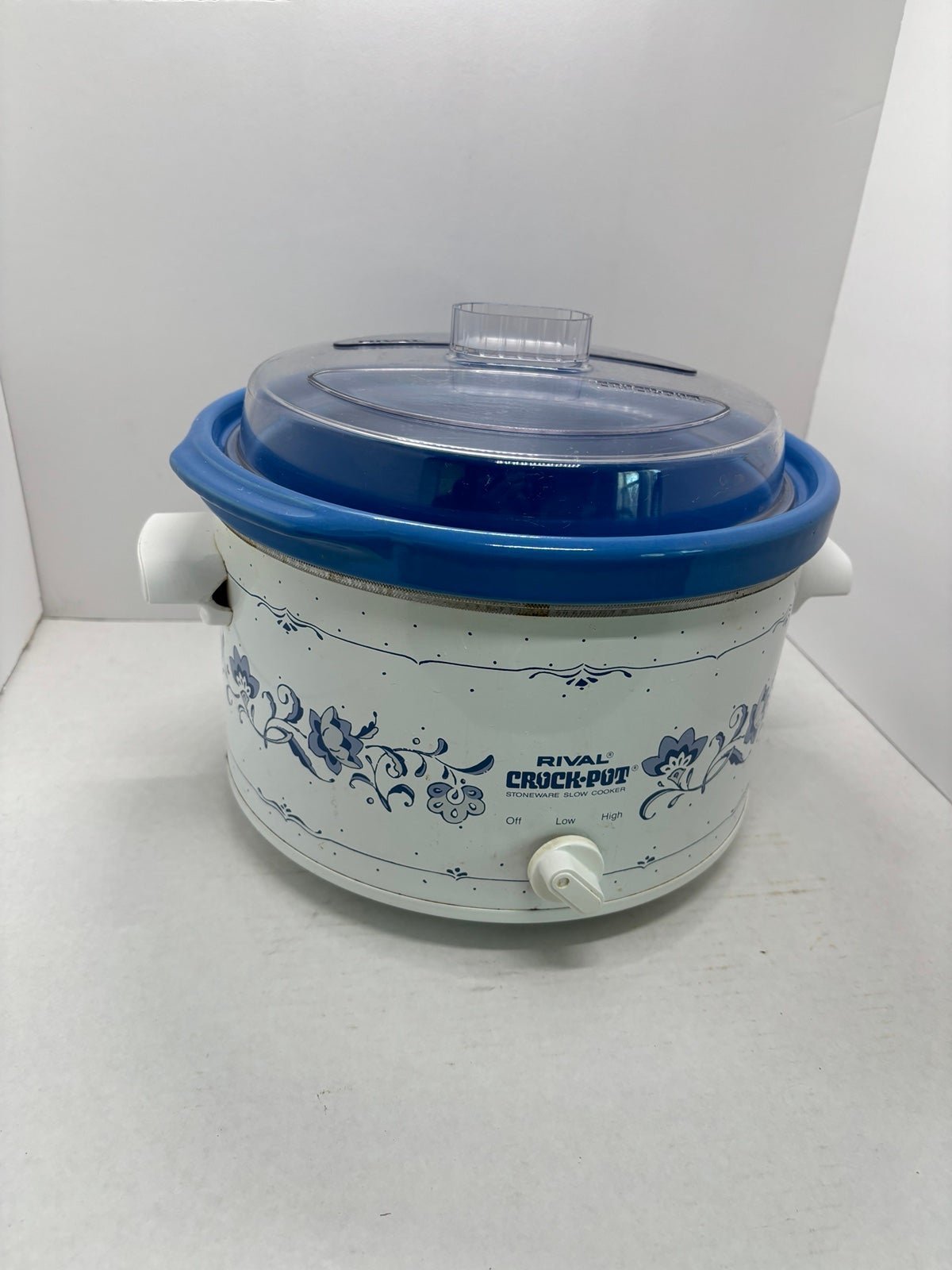 Rival Stoneware Slow Cooker! Model 3154 Blue Floral Pattern Plastic Lid! VG Cond kYllTXhcz