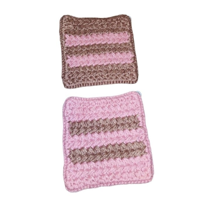 Pink and Brown Handmade Crochet Knitted Yarn Potholders (2) 8 x 8 P3azRLb2i