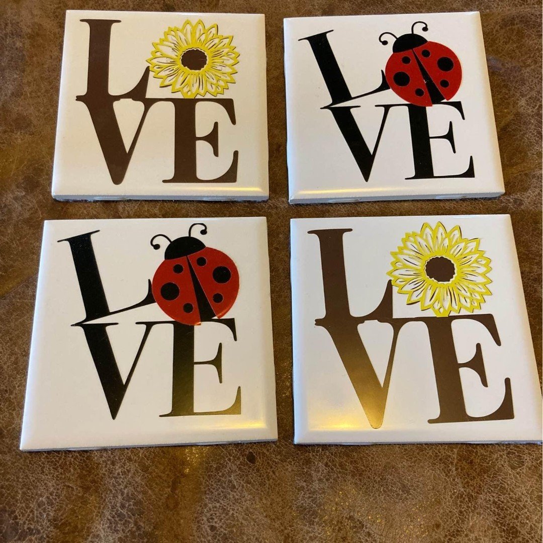 Handmade Ceramic Tile Drink Coasters Love Ladybug Sunflower Set of Four R90Ne0yy8