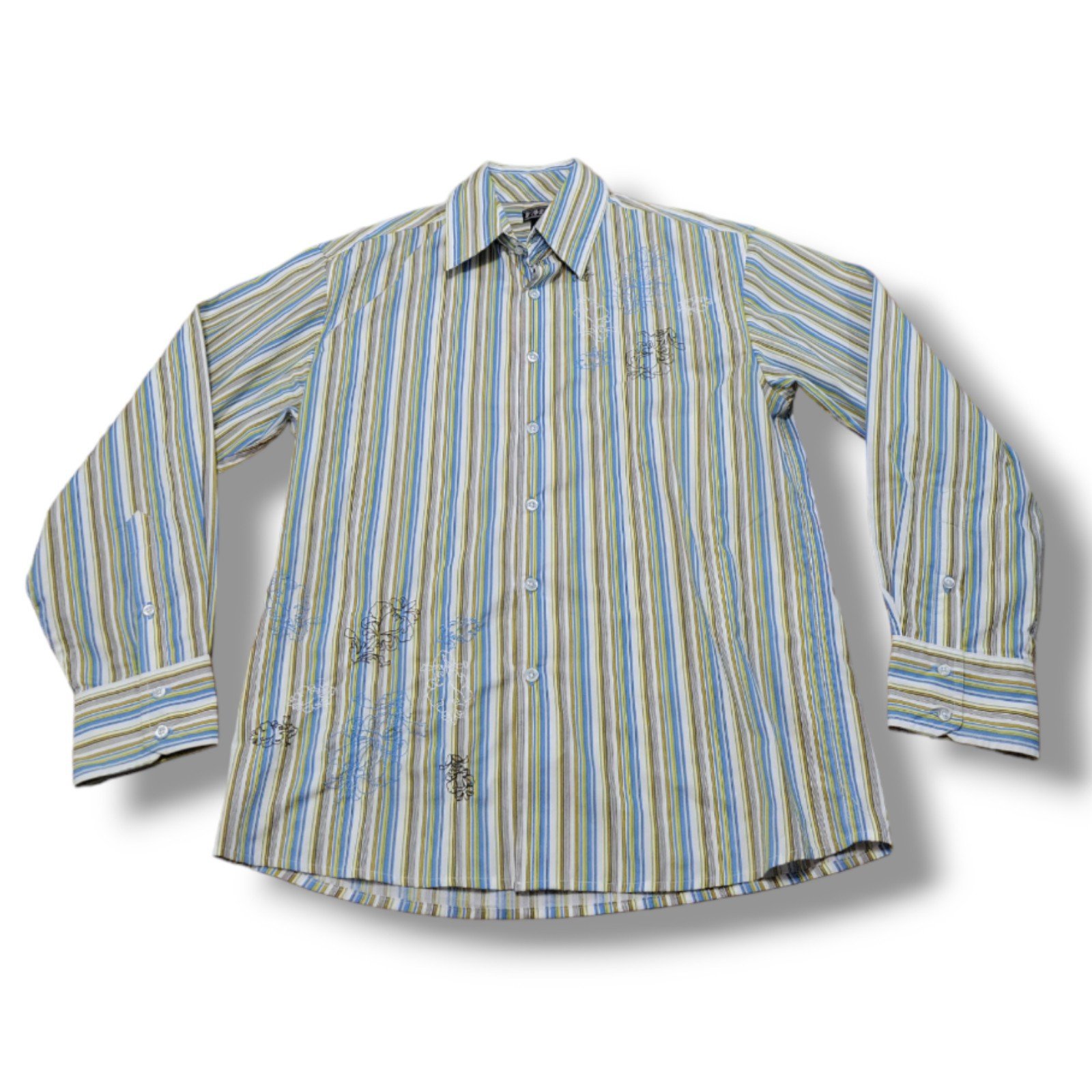 YMLA Shirt Size Medium M Button Down Shirt Long Sleeve Floral Embroidery Striped I9uZGHX9L