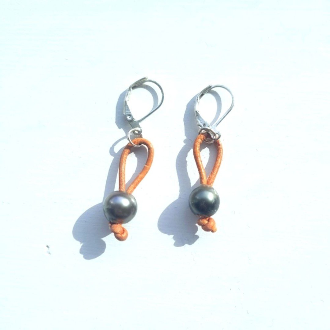 Sterling Silver Black Pearl/Tan Leather Drop Earring Party Boho Indie Love Gift oVnVZozd6