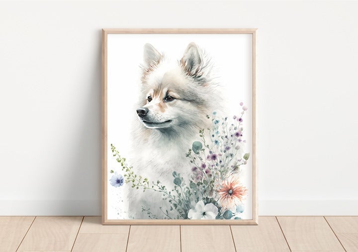 American Eskimo Dog with Flowers Art Print (Frame Not Included) RPnnOJs9N