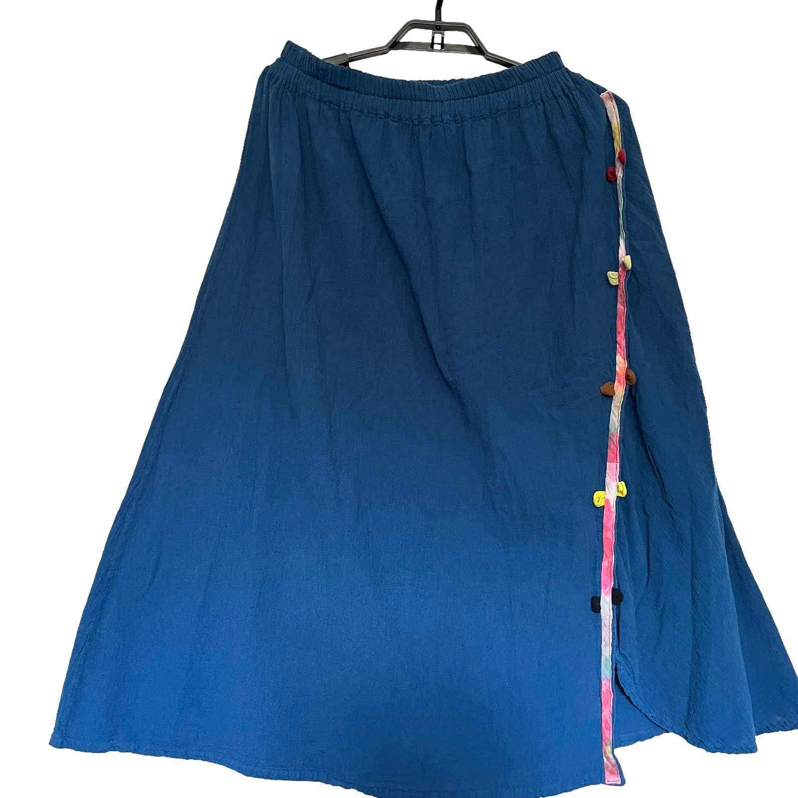 COTTONWAYS Faux Wrap Full Maxi Skirt Size 4 (4X) Blue Striped Loop Trim Gauzy RN6BOJWLx