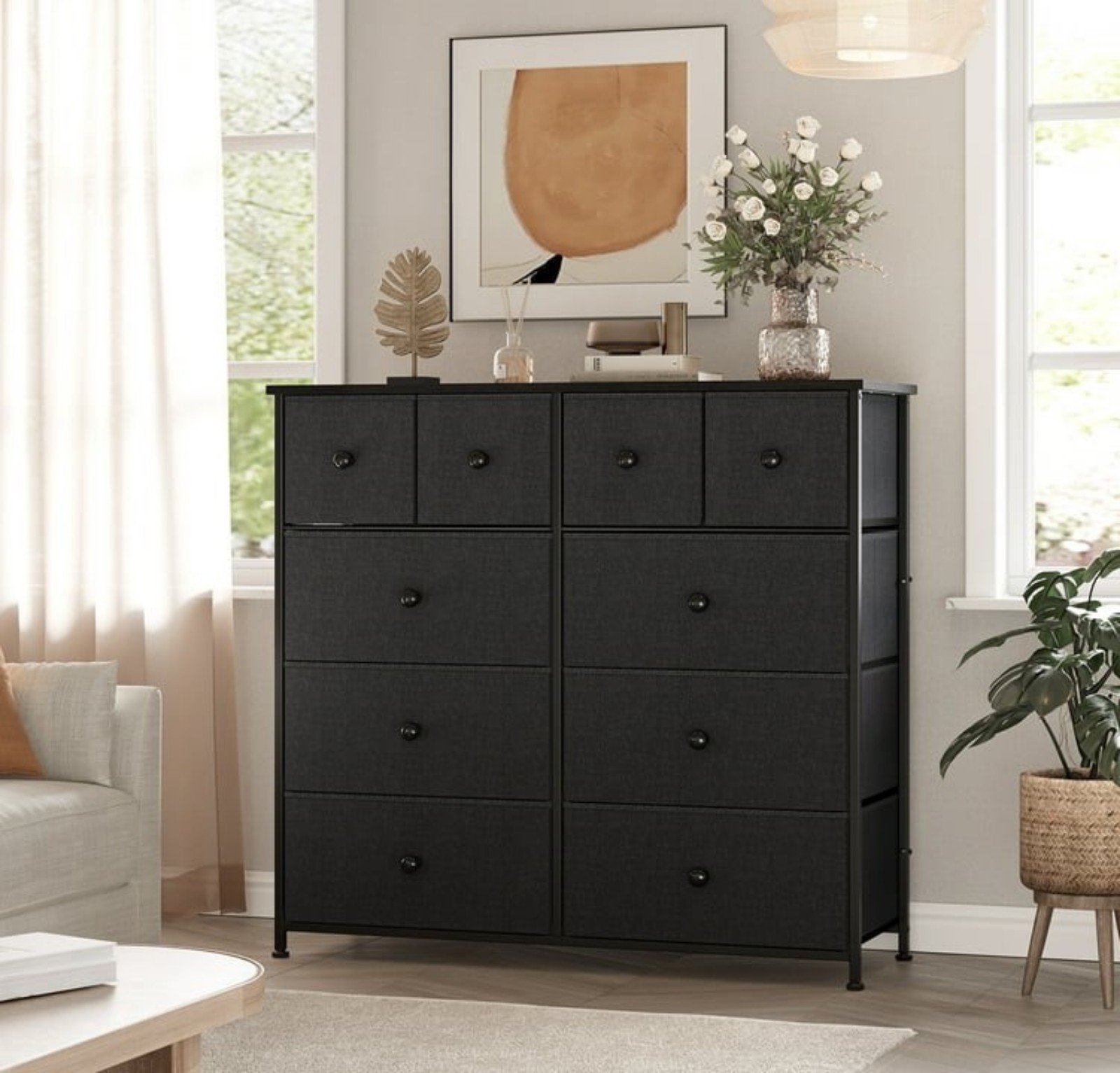 10 Drawer Dresser for Bedroom Fabric Storage Tower Black Dresser with Wood Top N6vcrdcWt