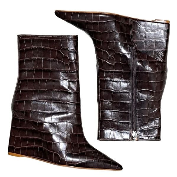 SCHUTZ Asya Croc Embossed Leather Short Wedge Boots Size 7 Dark Chocolate NWOB pYJcqHGcn