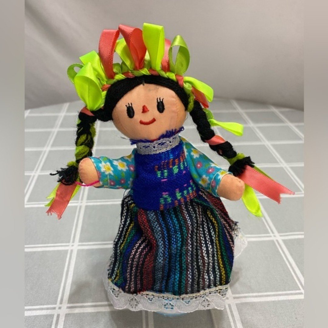 Traditional Handmade Mexican Rag Doll Ribbons Articulated Limbs Colorful Dress HTSmEM2pD