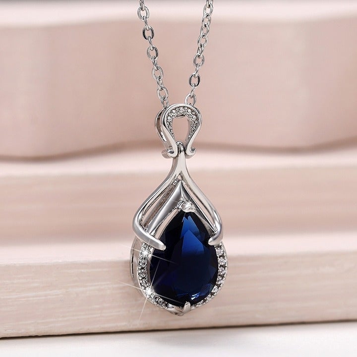 Silver Plating Blue Crystal Water Drop CZ Necklaces for Women, HA4470 ID2Phz6Wp
