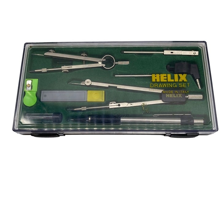 Vintage HELIX 9-Piece DRAWING SET Made In Italy Small & Large Compasses w/ Case PoTRNpRZe
