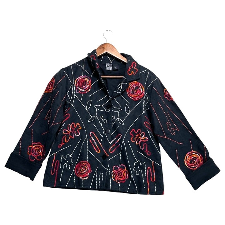 Casual Studio Jacket Womens M Black Floral Embroidered Long Sleeve Button Up Art P34hUPQ04
