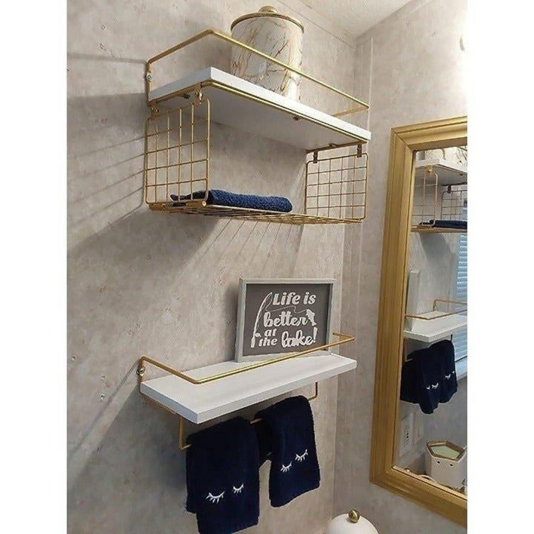 2+1 Tier Wall Mounted Floating Shelves with Metal Frame, Wood Bathroom Shelves KxCIj75hV