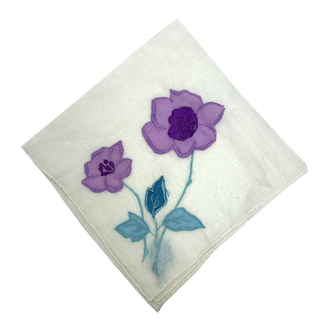 Floral Appliqué  Lavender Blue Handkerchief Vtg Cottage Core Granny Hand Rolled rx9EZYfWT