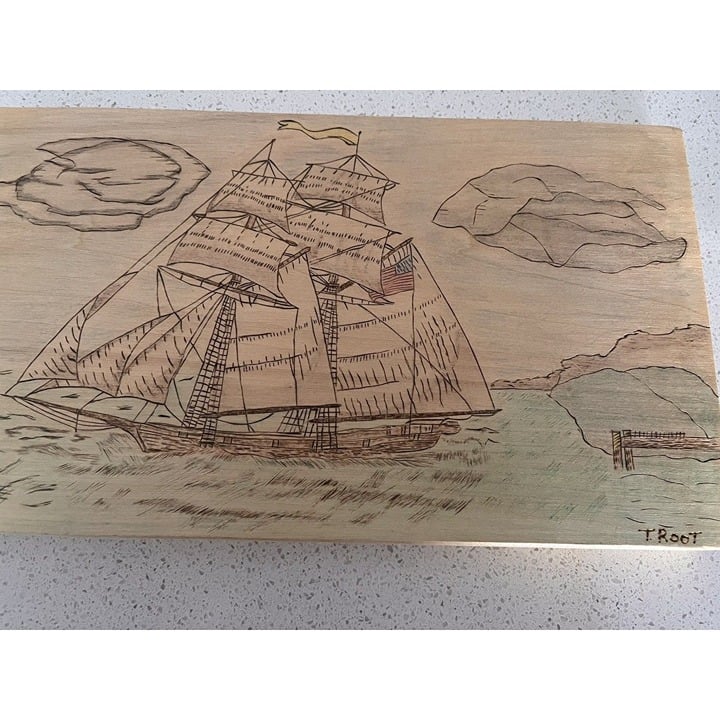 Solid wood etched by hand sailing ship on water signed 6-1/2