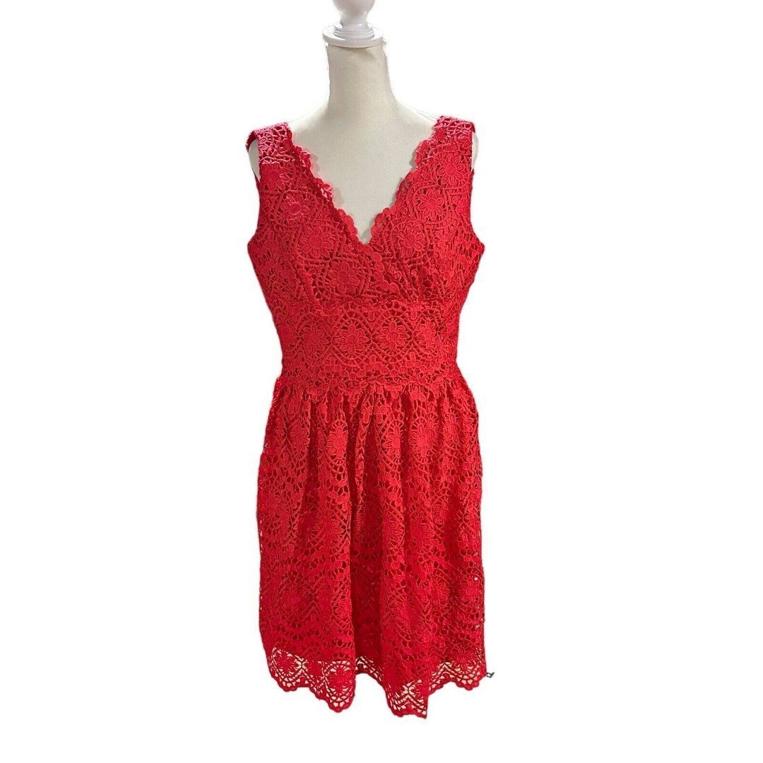 Adrianna Papell Sleeveless Fit & Flare Coral/Red Lace Cocktail Dress Sz 8 party P5skL22NM