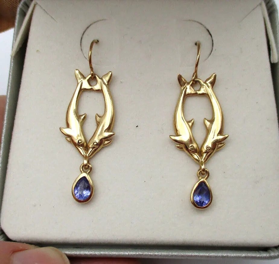 14K Yellow Gold Kabana Tanzanite Dolphin Earrings [E169] pEt2dYy4B