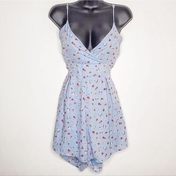 Altar´d State Blue Ditsy Floral Surplice Crossover Neck Flowy Boho Romper Sz S ped58PIip