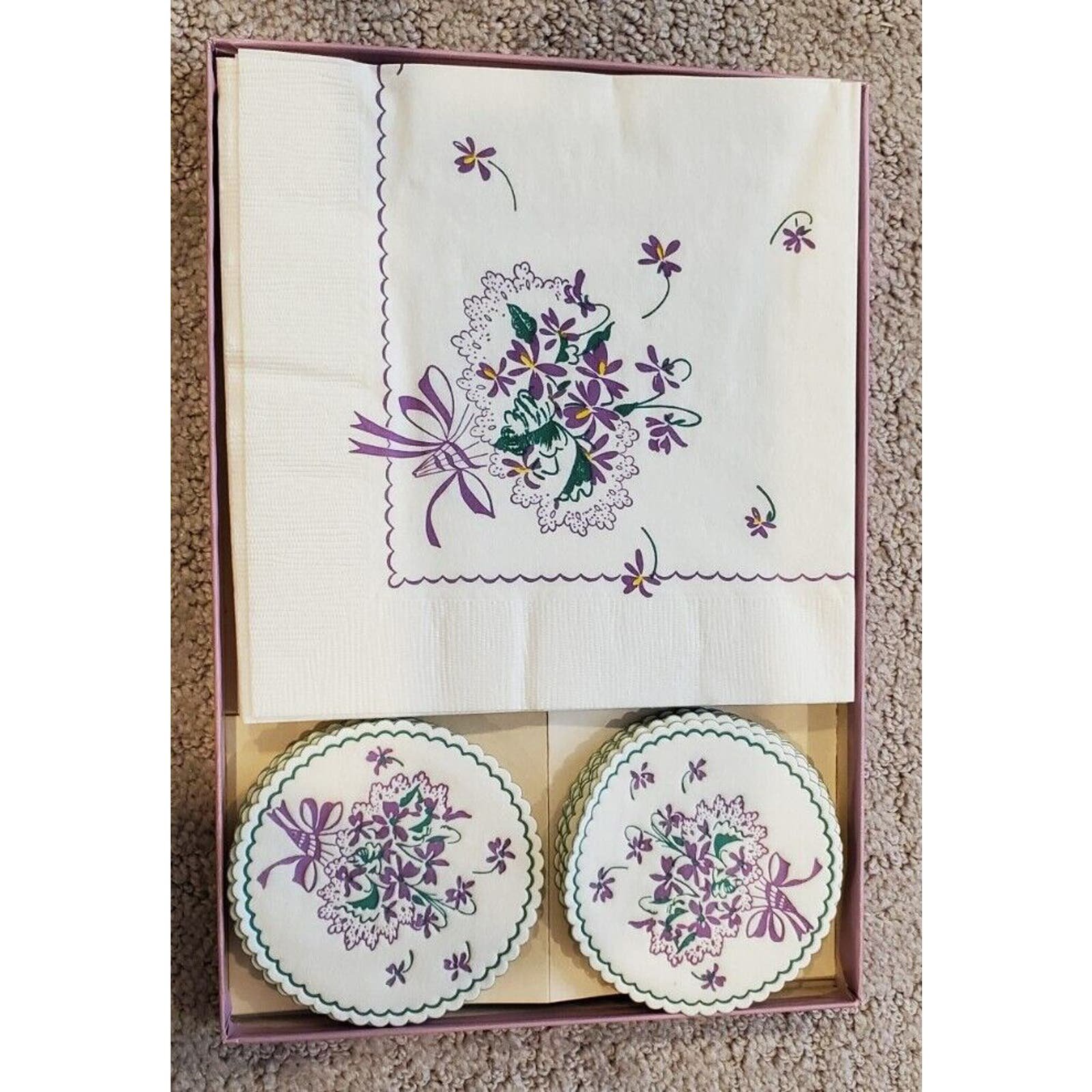 Vintage Made in USA Dainty Violets Hostess Luncheon Ensemble Napkins Coasters MSvCLu6Jz