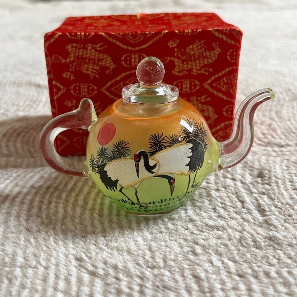 Cranes painting miniature glass teapot RzrDdBNJf