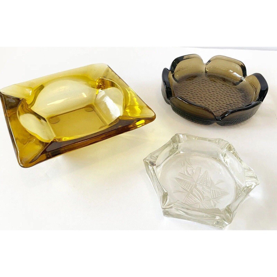 Lot of 3 Mid Century Ashtrays Art Deco Brown Etched Amber Glass Square Vintage OOLlX6QmZ