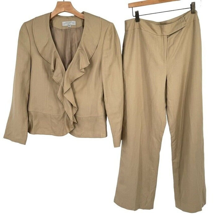 Tahari Linen Blend Pant suit jacket Blazer Beige womens size 12 petite ruffle QLe2N0g7e