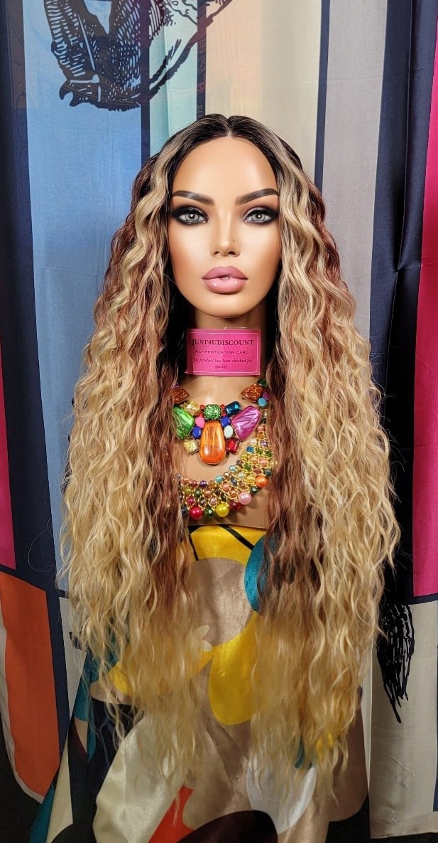 Divaqueen celebrity black brown honey blond Hawaiian wave layered cut wig iQohe1aQz