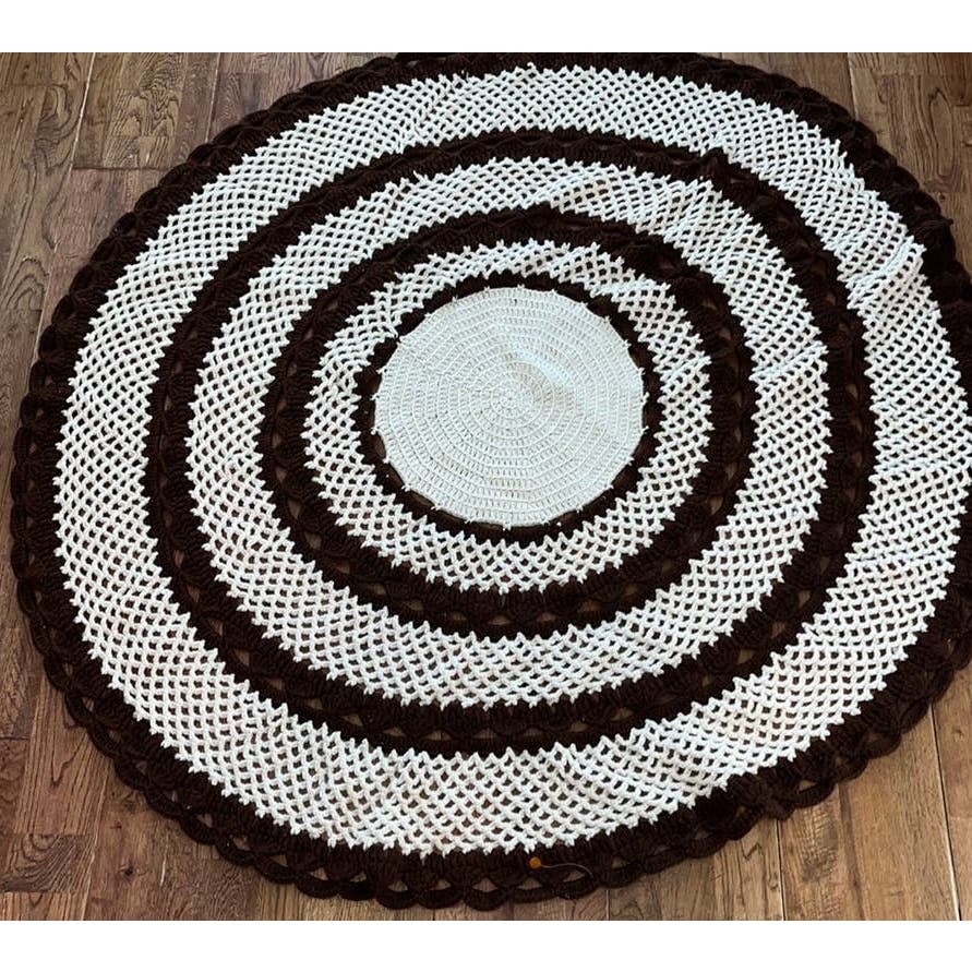 Handmade Vintage Crochet Round Brown Cream Boho Rug H0SXd4LtG