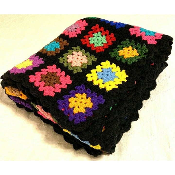 Afghan Granny Square Handmade Bright Colors Black Boarders Throw Blanket Vintage MC4pRKhJp