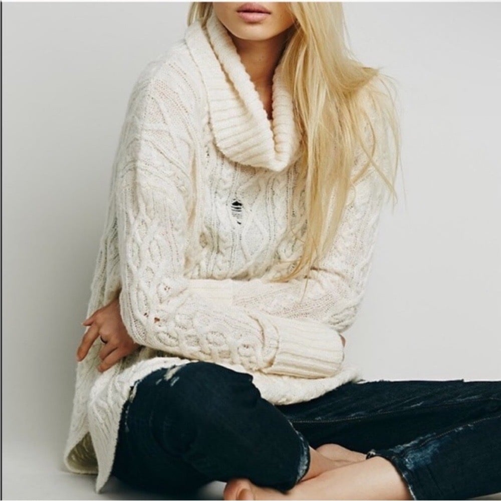 $128 Free People Wool Alpaca Ivory Complex Cable Distressed Cowl Neck Sweater Nlbm0fRJo