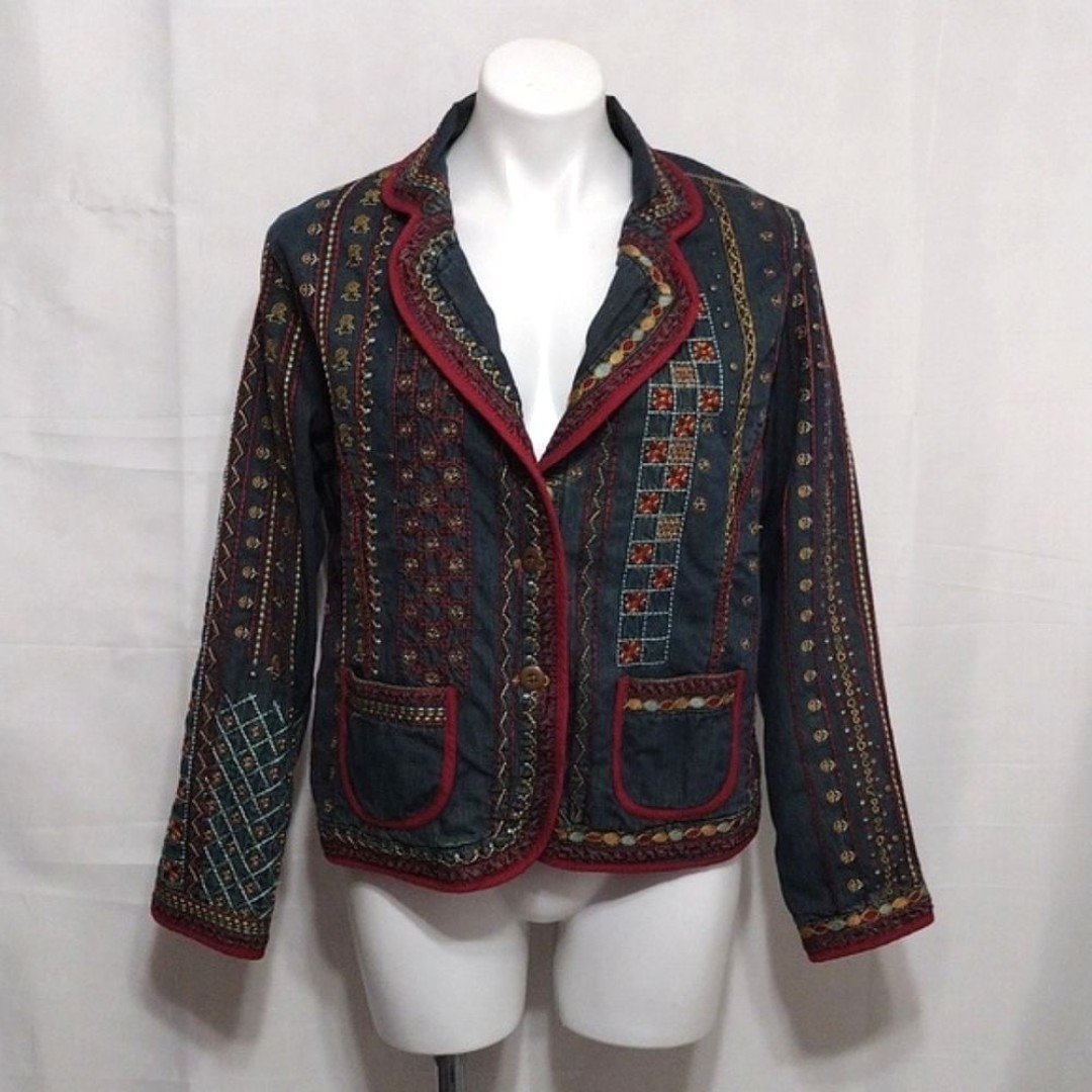 Vintage Chico´s Relaxed Fit Embroidered Beaded Denim Jacket Size 2 GW3jpgyax