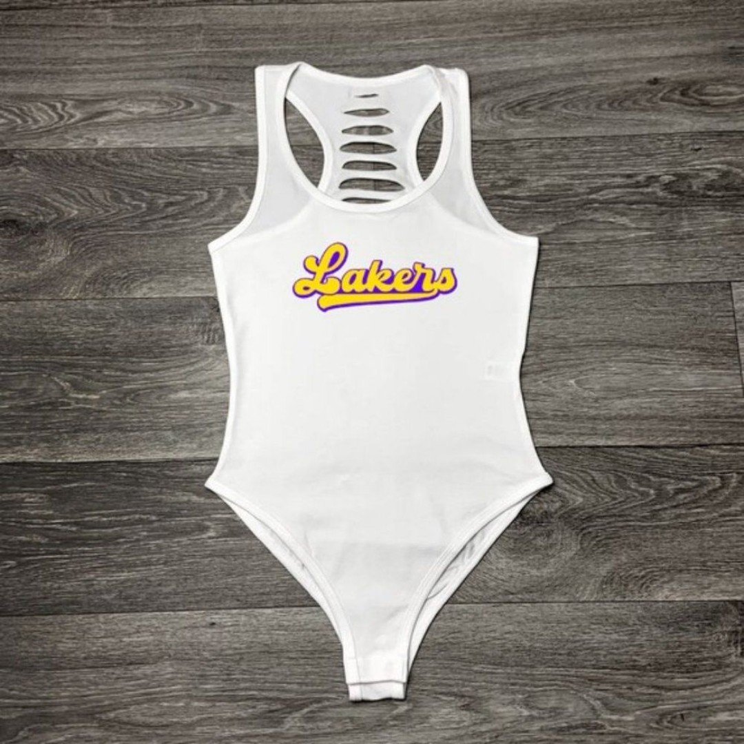White Los Angeles Lakers Basketball Womens Bodysuit, Lakers Bodysuit, LA Lakers reER2azC4