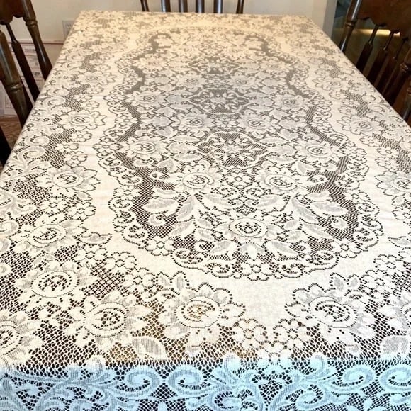 Vintage Slightly Off-White Open Lace Tablecloth, Approximately 62