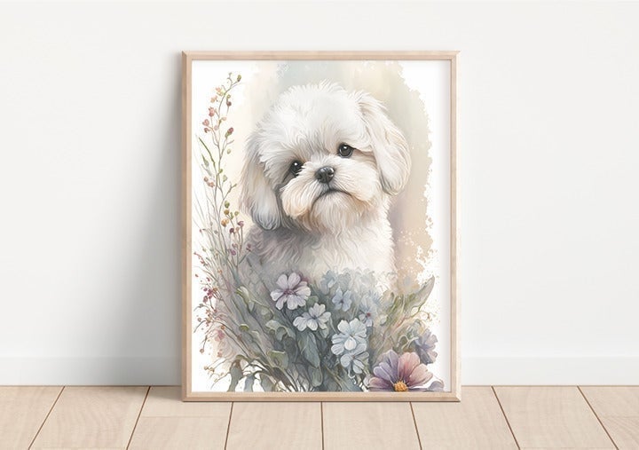 Maltese and Flowers 8x10 Watercolor Style Matte Art Print (Frame Not Included) hjfhTtpQN