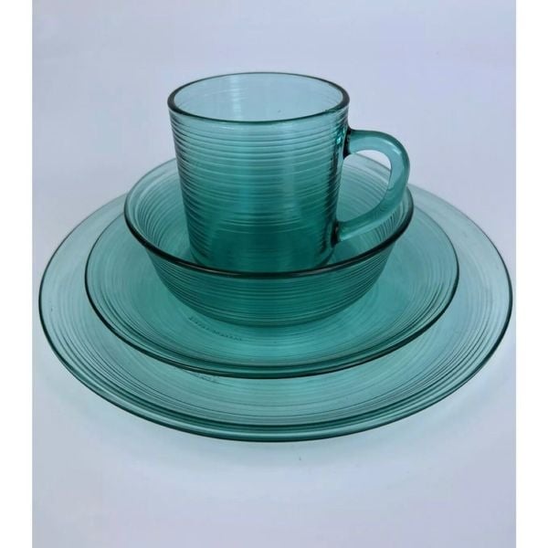 Arcoroc France Teal Green Turquoise Ribbed 4 Piece Dish Set. MXokfTW0E