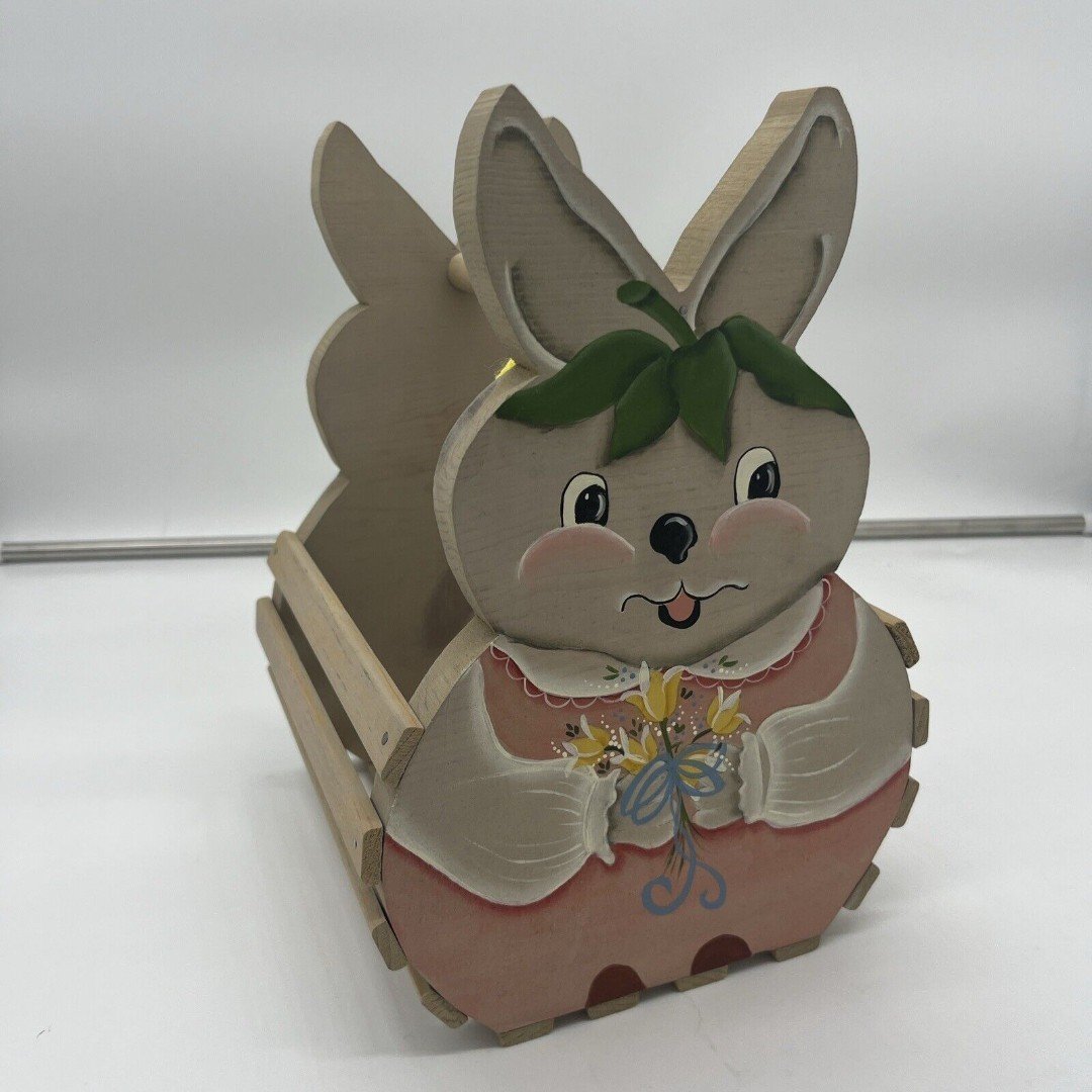 Handmade Hand Painted Wooden Slat Sitting Rabbit Shaped Basket Easter Girl Boy PrDg3Dt9g