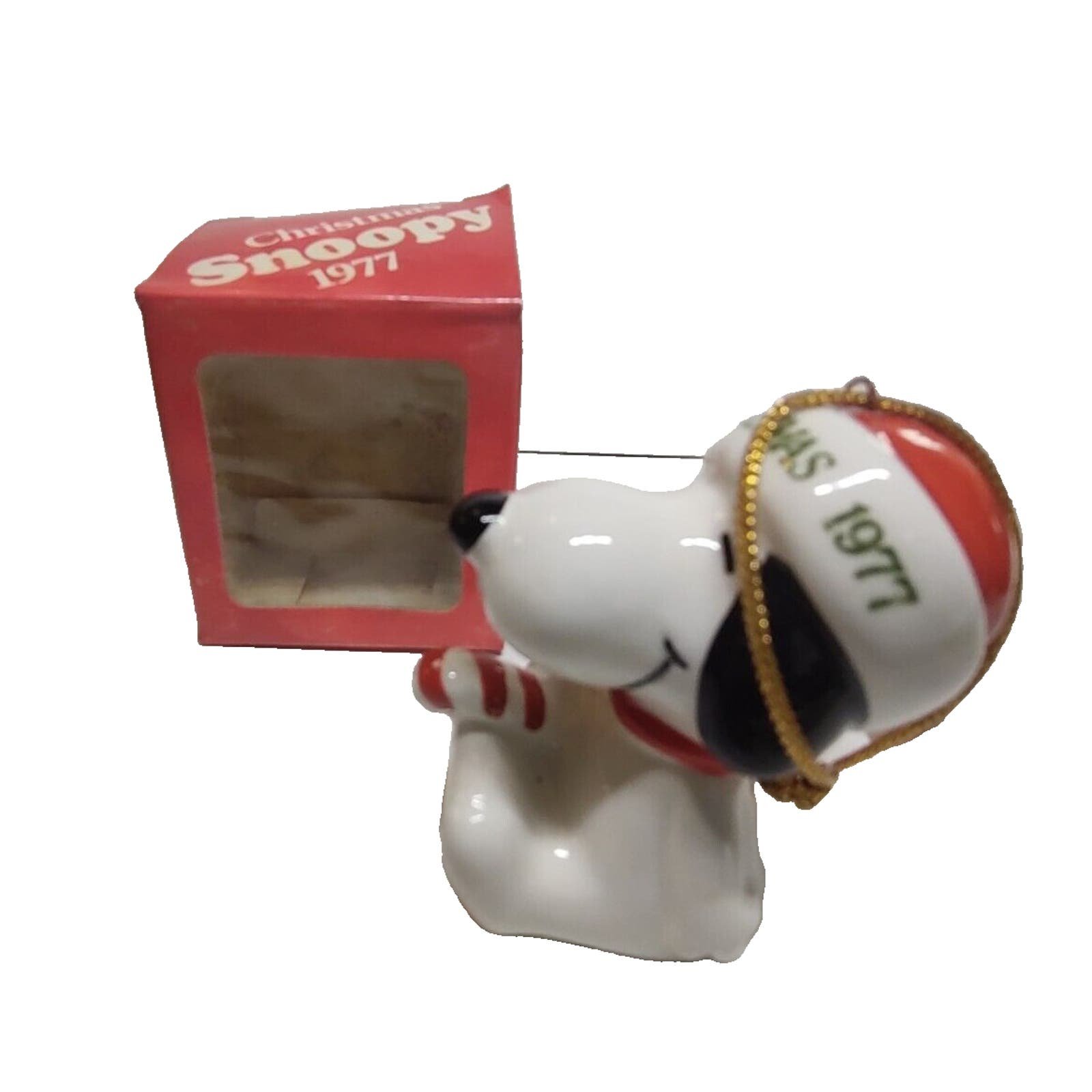 Snoopy Christmas Ornament 1977 Peanuts Gang Porcelain Candy Cane Dog With Box oU7VnH7Pt