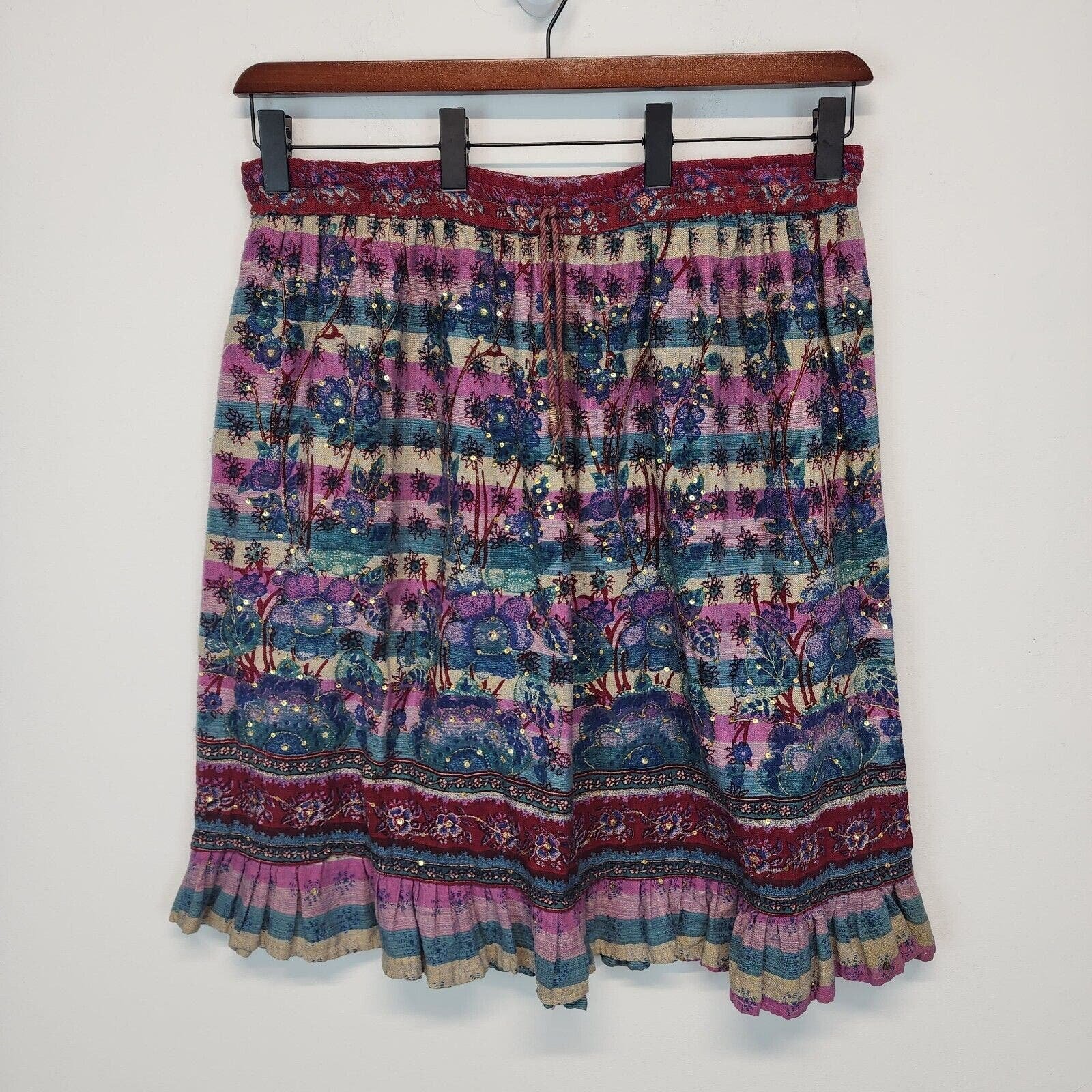 Womens Boho Woven Ruffle Midi Skirt L/XL 34