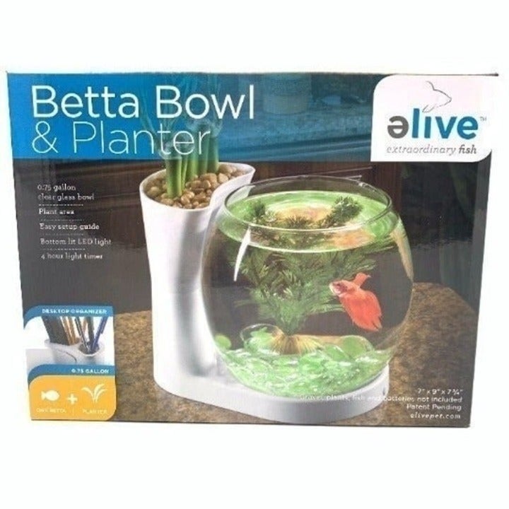 Elive Betta Fish Bowl & Planter Set Up Tank Kit White .75 Gallon LED Fish Bowl LK87rOj58