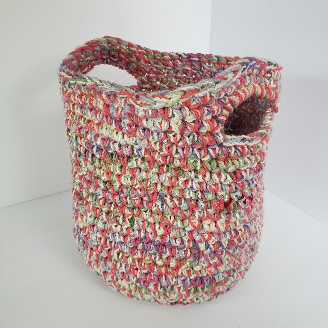 Handmade Crocheted Yarn Basket Multi-Use Orange Multi Color W/Handles 11
