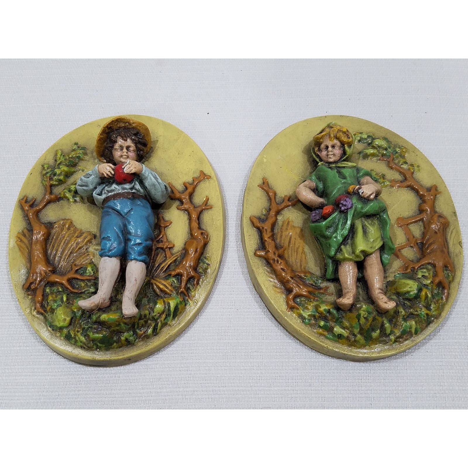 Vintage Little Boy and Girl in Vineyard Plaster Relief Plaques lAaE4OTY9