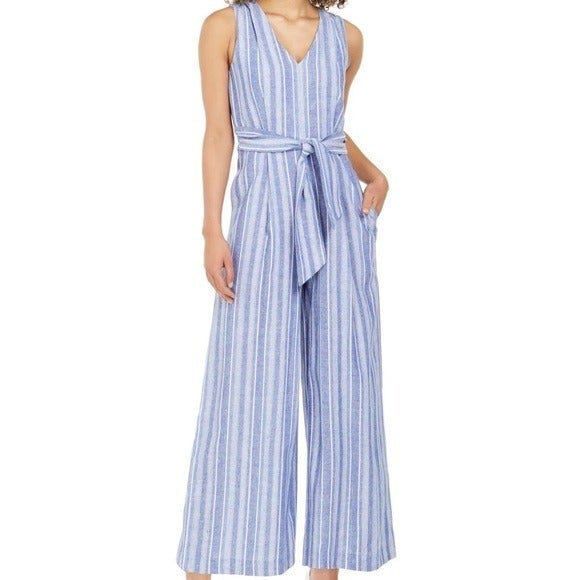 Calvin Klein Blue Belted Striped Sleeveless V Neck Jumpsuit SZ 4 NWT p67wraaFM