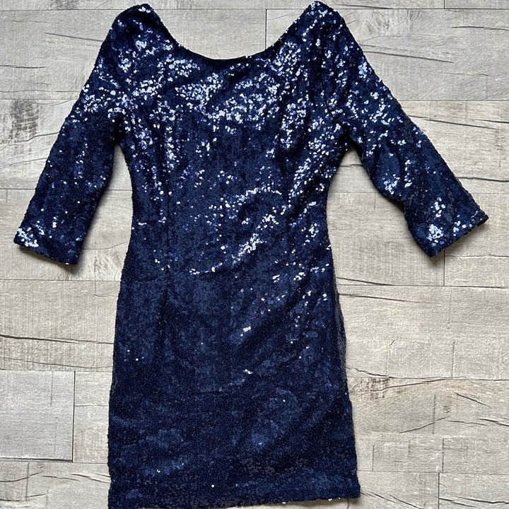 Lulu´s Sequin 3/4th Sleeve Navy Party Formal Scoop Neck Bodycon Shiny Dress M rt2JTqAWa