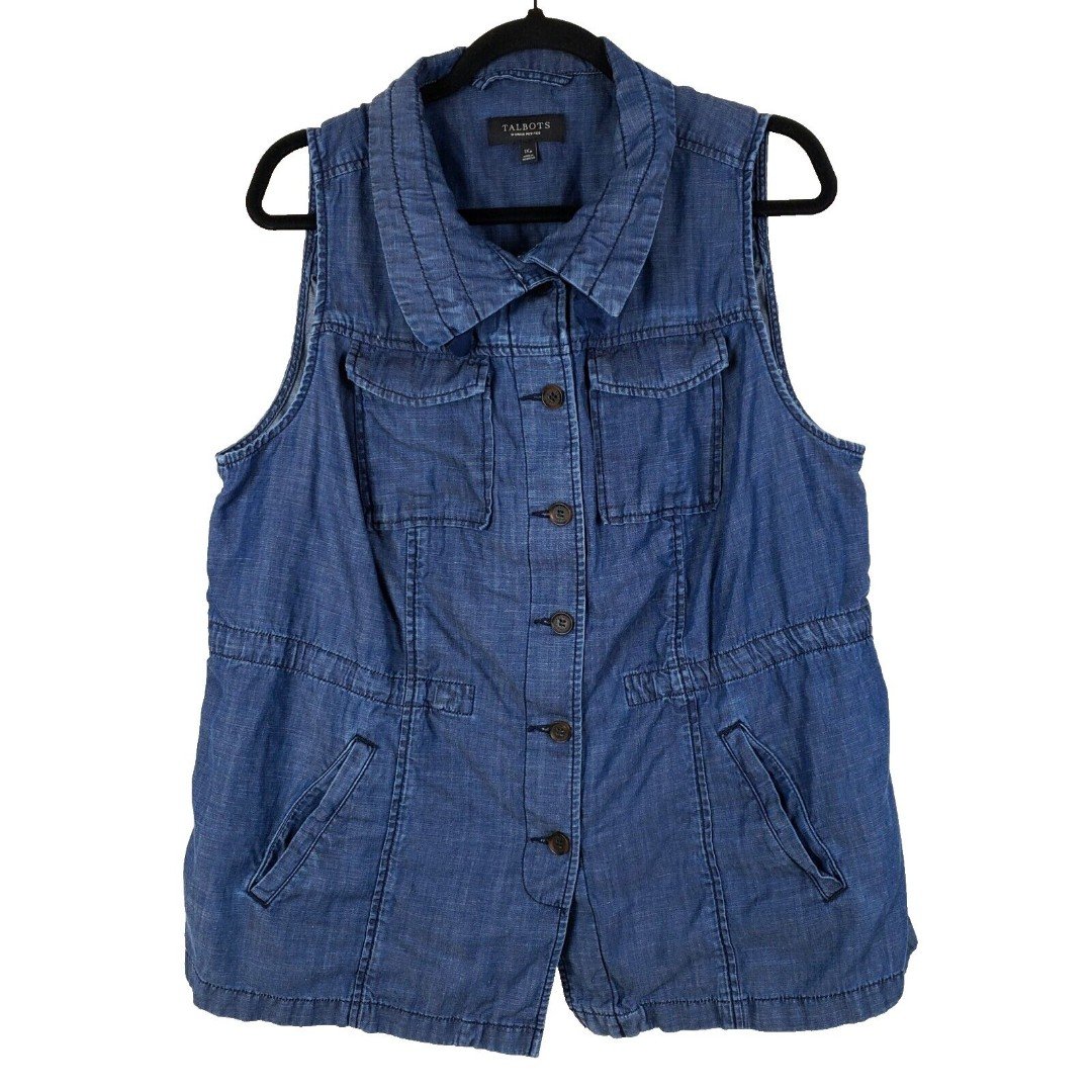 Talbots Denim Vest Womens 1X Petite Blue Cinched Waist Adjustable Neck Lyocell q3EQq1tmV