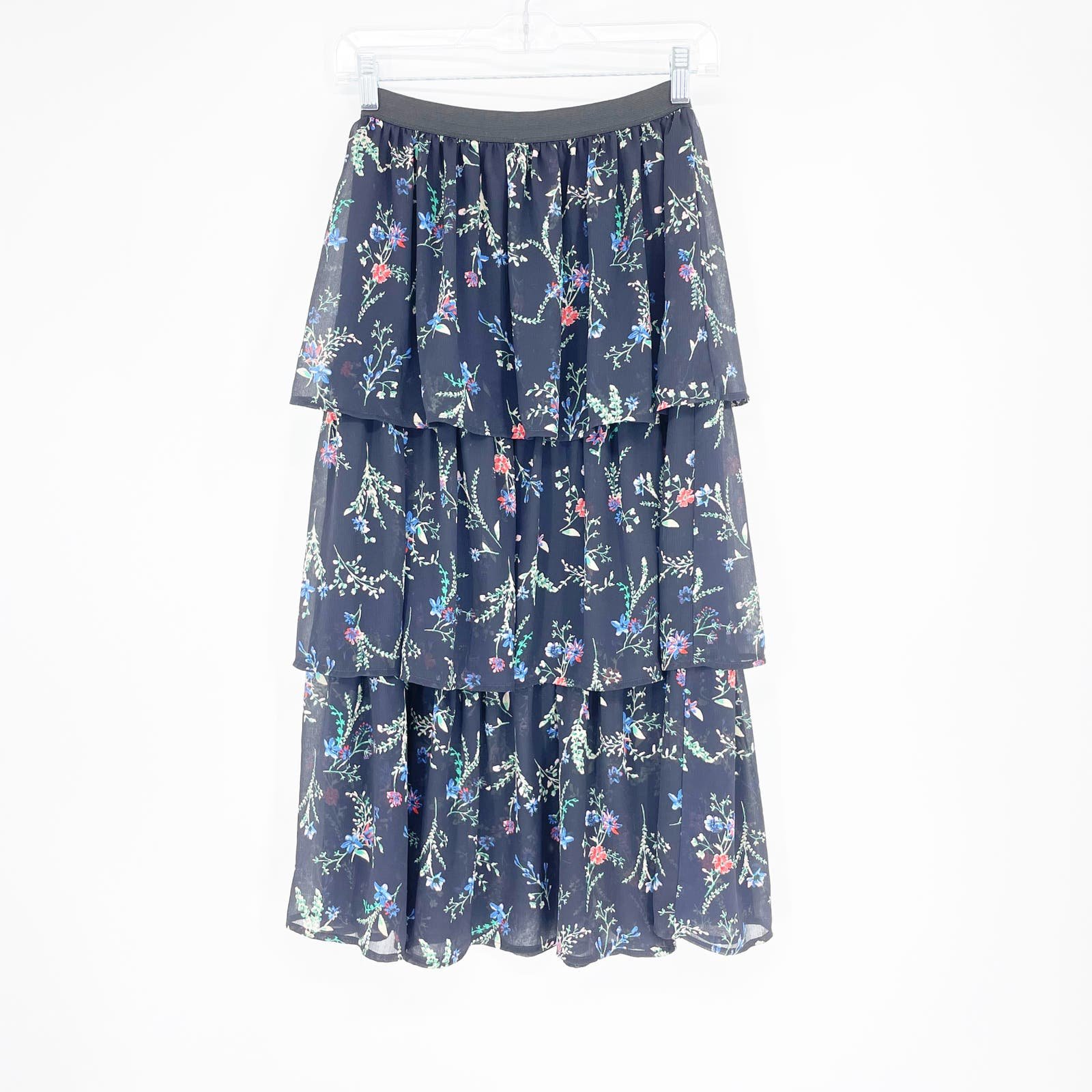 Lush Navy Blue Floral Tiered Midi Skirt Size Small QYAXFCAkD